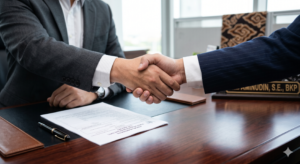5 Tips Memilih Konsultan Pajak Terpercaya untuk Perusahaan Anda Klien bersalaman dengan konsultan pajak profesional